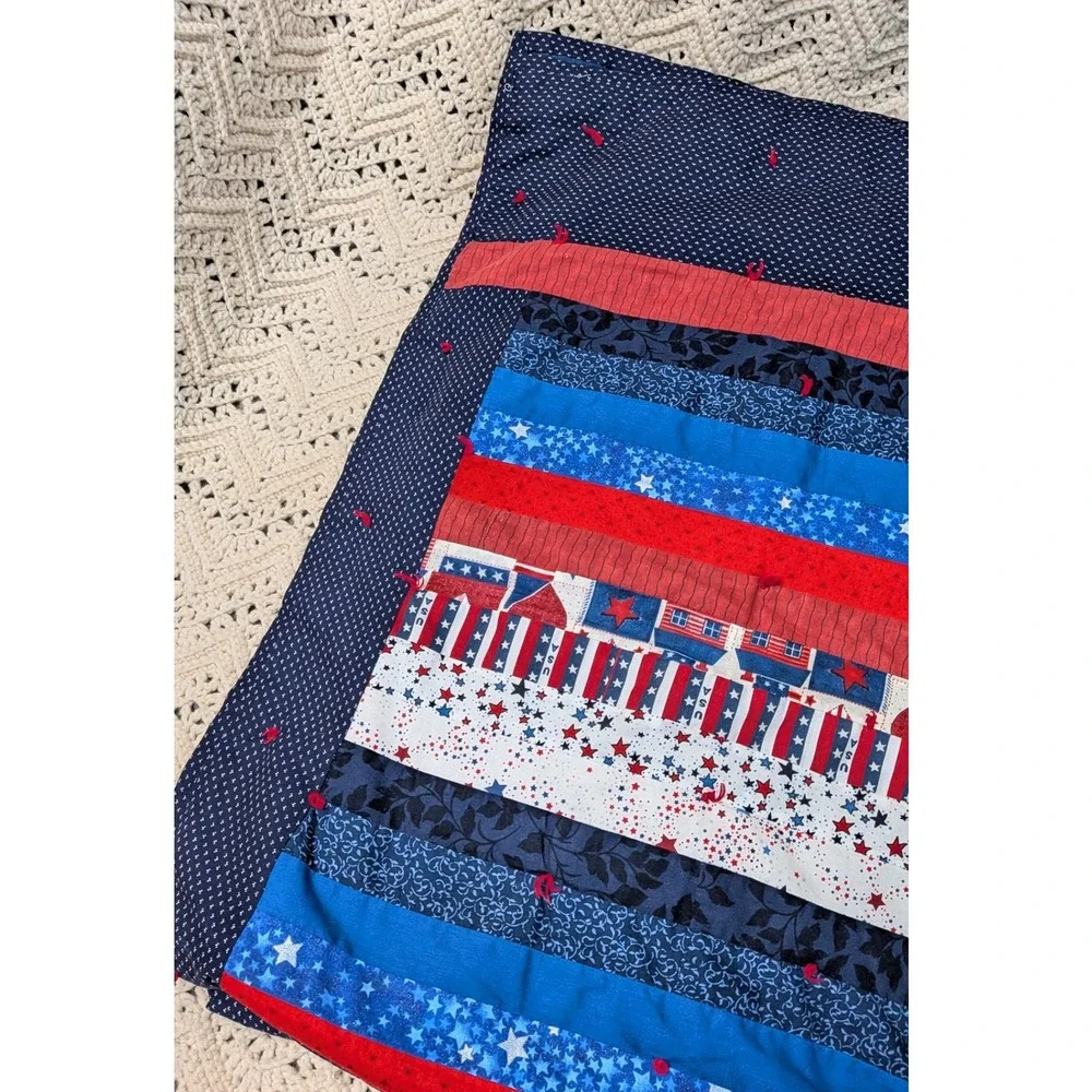 Handmade Patriotic Patchwork Quilt Red White Blue Stars Americana Lap Blanket